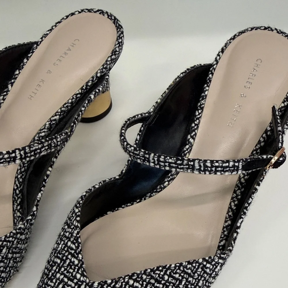 Charles & Keith Black and White Tweed Slingback Heels - Picture 2 of 6